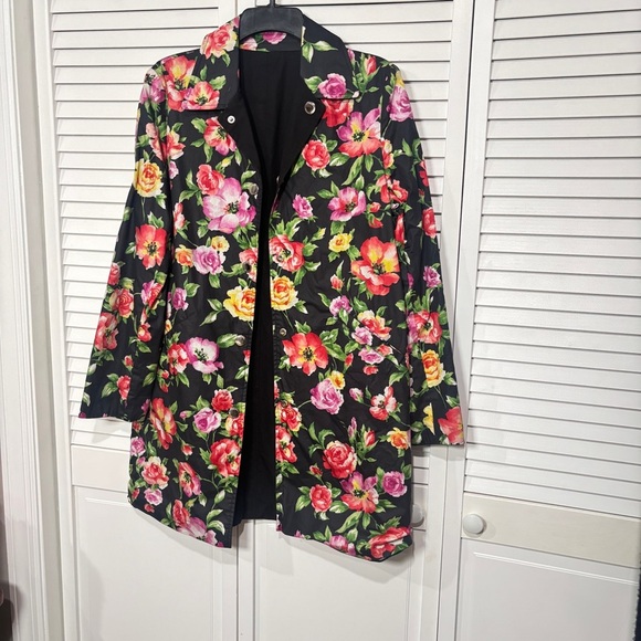 JONES NEW YORK SIGNATURE Reversible Black Floral Rose Rain Coat •Size SP - Picture 2 of 11